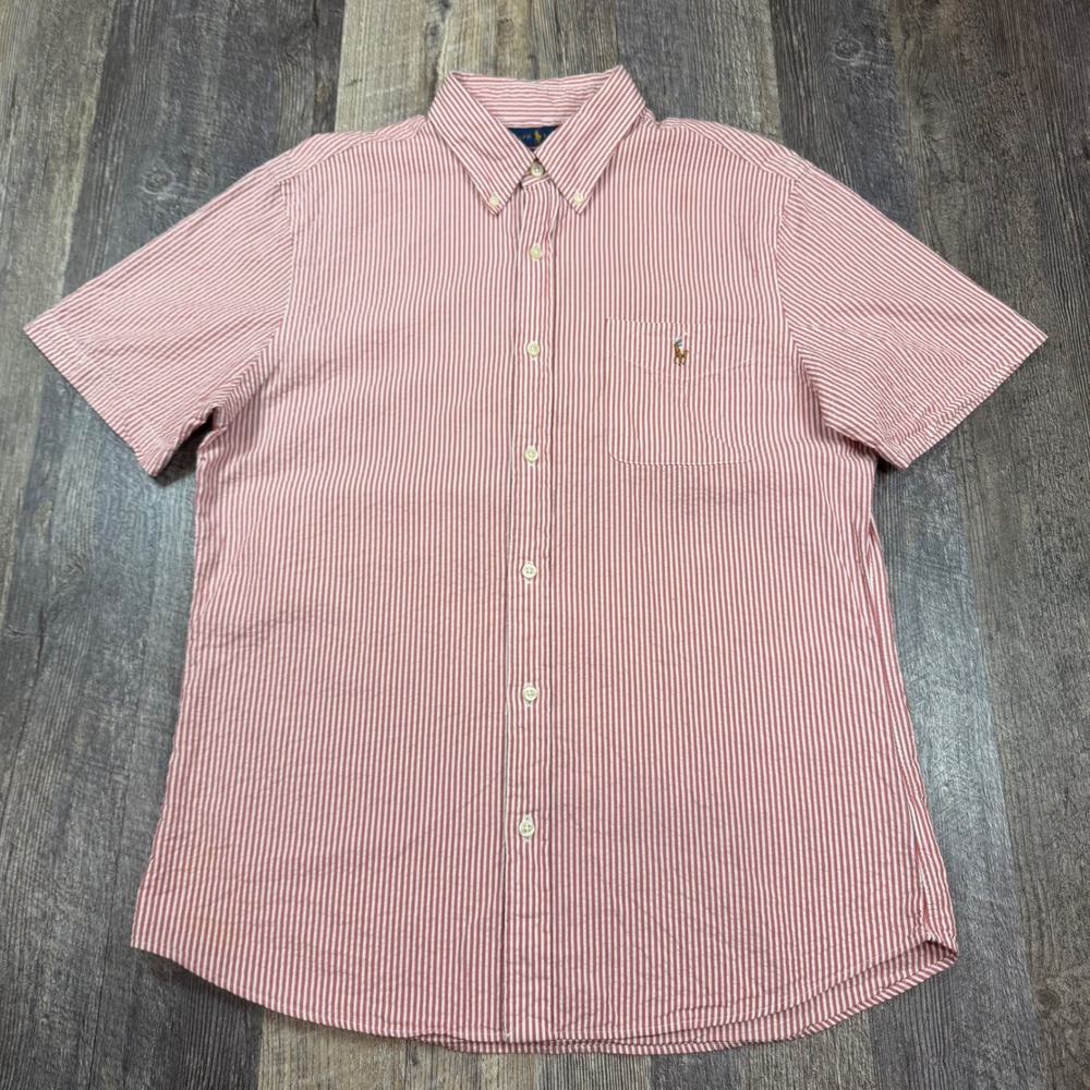 Polo Ralph Lauren Button Down Shirt Mens Large Red Seersucker Slim Fit Untucked